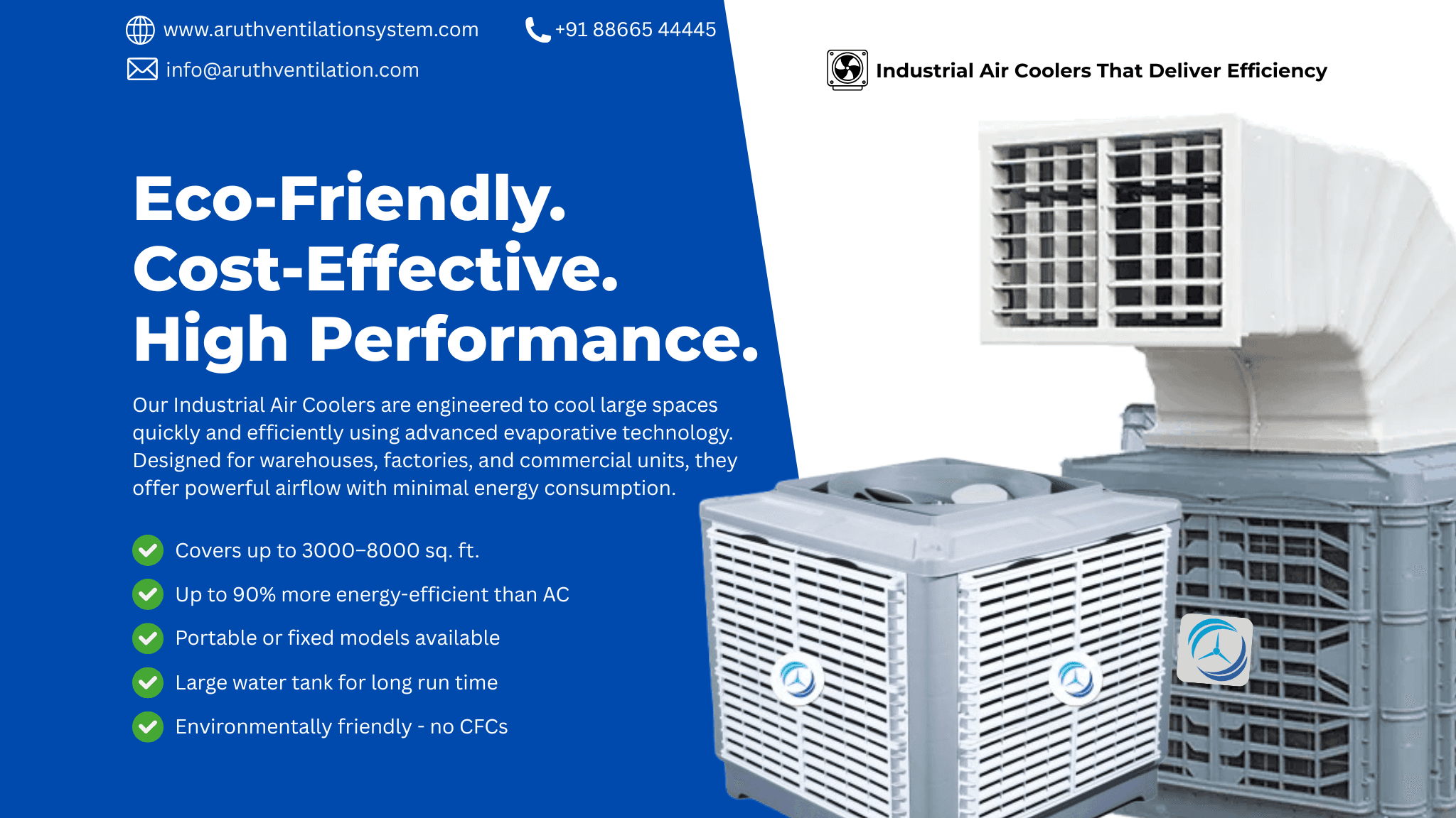 Aruth ASVL-300 industrial evaporative air cooler with honeycomb cooling pad and down throw axial fan